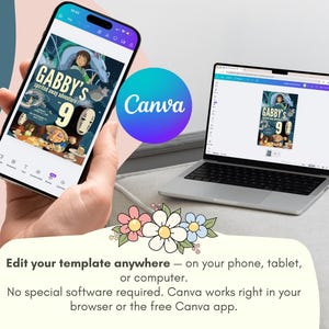 K&ouml;nnte beinhalten: Ein Smartphone und ein Laptop zeigen eine Canva-Vorlage mit dem Text "Gabby's 9th Spirited Away Adventure". Das Canva-Logo ist ein Farbverlauf aus Blau und Lila. Das Bild enth&auml;lt auch den Text: "Bearbeiten Sie Ihre Vorlage &uuml;berall - auf Ihrem Telefon, Tablet oder Computer."