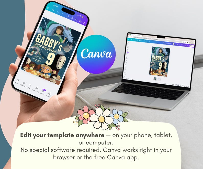 K&ouml;nnte beinhalten: Ein Smartphone und ein Laptop zeigen eine Canva-Vorlage mit dem Text "Gabby's 9th Spirited Away Adventure". Das Canva-Logo ist ein Farbverlauf aus Blau und Lila. Das Bild enth&auml;lt auch den Text: "Bearbeiten Sie Ihre Vorlage &uuml;berall - auf Ihrem Telefon, Tablet oder Computer."