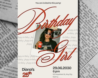 Retro Birthday Girl Invitation Template | Editable Canva (Digital Download)