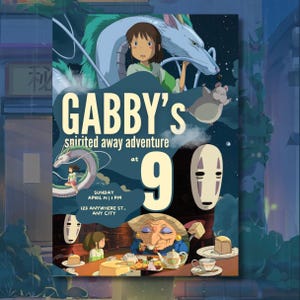 K&ouml;nnte beinhalten: Ein Poster mit Charakteren aus dem Anime-Film "Chihiros Reise ins Zauberland". Der Hintergrund ist blau und der Text lautet "Gabby's spirited away adventure at 9". Das Poster enth&auml;lt auch Datum, Uhrzeit und Veranstaltungsort.