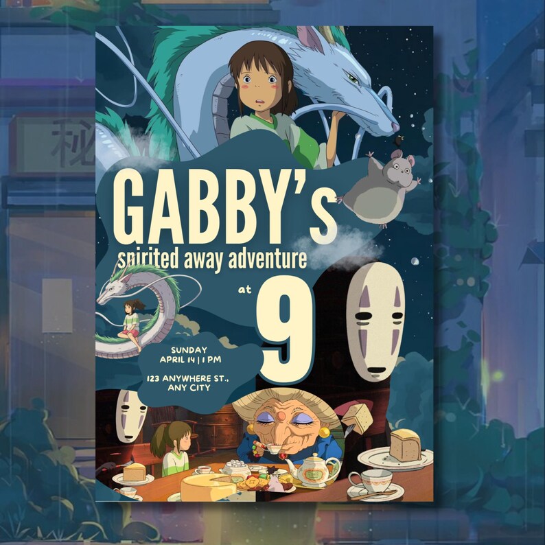 K&ouml;nnte beinhalten: Ein Poster mit Charakteren aus dem Anime-Film "Chihiros Reise ins Zauberland". Der Hintergrund ist blau und der Text lautet "Gabby's spirited away adventure at 9". Das Poster enth&auml;lt auch Datum, Uhrzeit und Veranstaltungsort.