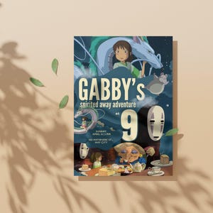 K&ouml;nnte beinhalten: Eine farbenfrohe Einladung mit dem Text "GABBY'S spirited away adventure at 9". Die Einladung zeigt Illustrationen von Charakteren aus dem Zeichentrickfilm Spirited Away, darunter ein Drache und eine Maskenfigur. Datum und Adresse sind ebenfalls enthalten.