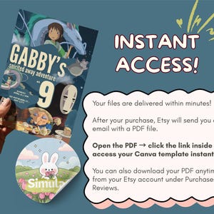 K&ouml;nnte beinhalten: Eine Geburtstagseinladung im Stil von Spirited Away mit Gabbys Namen und Alter sowie Illustrationen von Charakteren aus dem Film. Ein Aufkleber mit einem Hasen, der Blumen h&auml;lt, ist ebenfalls zu sehen. Der Text lautet "INSTANT ACCESS!" und enth&auml;lt Anweisungen.