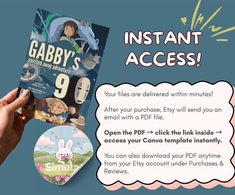 K&ouml;nnte beinhalten: Eine Geburtstagseinladung im Stil von Spirited Away mit Gabbys Namen und Alter sowie Illustrationen von Charakteren aus dem Film. Ein Aufkleber mit einem Hasen, der Blumen h&auml;lt, ist ebenfalls zu sehen. Der Text lautet "INSTANT ACCESS!" und enth&auml;lt Anweisungen.