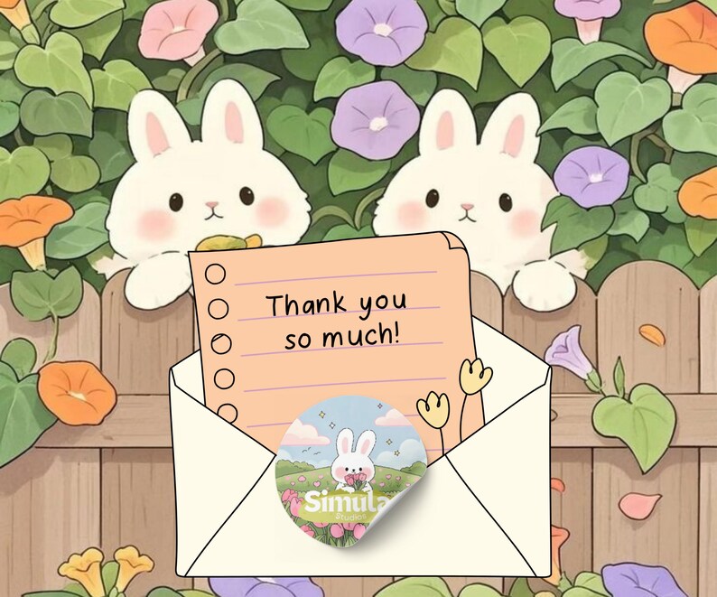 K&ouml;nnte beinhalten: Eine Illustration mit zwei wei&szlig;en Cartoon-Hasen, die &uuml;ber einen Holzzaun schauen. Ein beigefarbener Umschlag enth&auml;lt eine Notiz mit der Aufschrift "Thank you so much!". Ein Aufkleber mit einem Hasen und Blumen ist ebenfalls zu sehen. Der Hintergrund ist mit Blumen und Gr&uuml;n gef&uuml;llt.