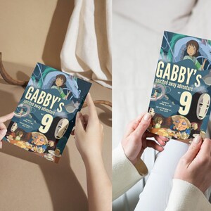 K&ouml;nnte beinhalten: Eine farbenfrohe Einladung zu einer Veranstaltung mit dem Text "Gabby's Spirited Away Adventure" und der Zahl "9". Die Einladung zeigt Illustrationen von Charakteren aus dem Animationsfilm, darunter ein M&auml;dchen und ein Drache. Der Hintergrund ist eine Mischung aus Blau und Gr&uuml;n.