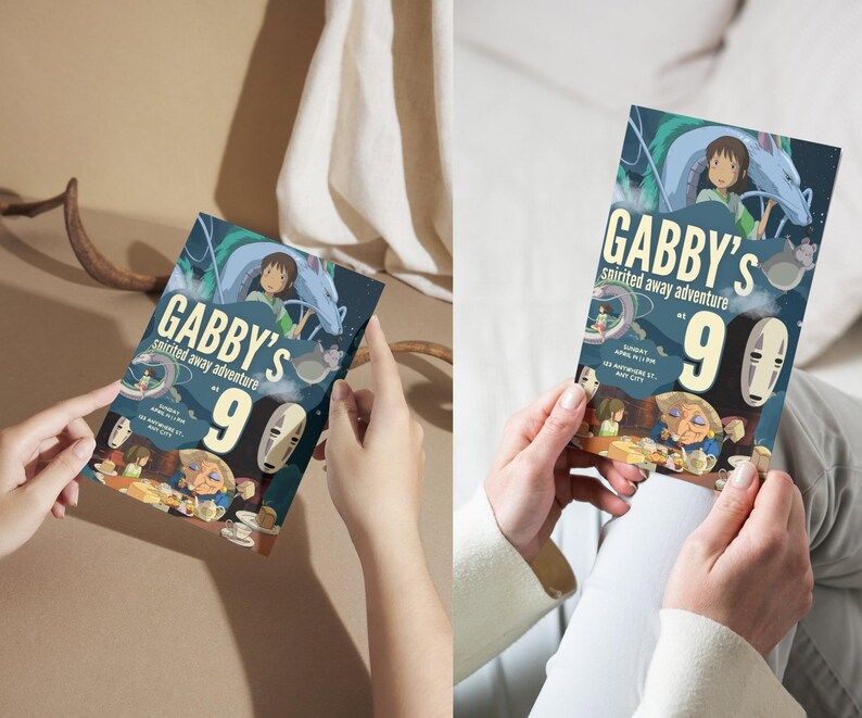 K&ouml;nnte beinhalten: Eine farbenfrohe Einladung zu einer Veranstaltung mit dem Text "Gabby's Spirited Away Adventure" und der Zahl "9". Die Einladung zeigt Illustrationen von Charakteren aus dem Animationsfilm, darunter ein M&auml;dchen und ein Drache. Der Hintergrund ist eine Mischung aus Blau und Gr&uuml;n.