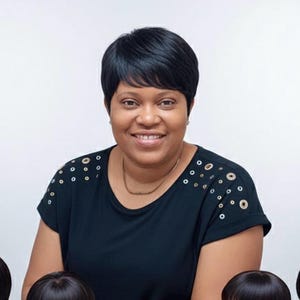 Puede incluir: Una mujer sonríe, mostrando una peluca negra de pelo corto llamada "Elegance Bob". La imagen presenta varias pelucas en cabezas de maniquí. El texto en la parte superior dice "Luxury Hair Boutique" y "Premium Wigs for Every Style."