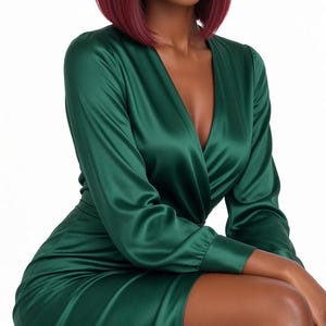 May include: A long-sleeved emerald green satin dress featuring a deep V-neckline, a wrap-style bodice, and cuffed sleeves. The fabric has a smooth, reflective finish, and the garment is worn with a shoulder-length dark burgundy bob hairstyle.