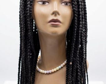 Parrucca con trecce box braids da 28 pollici con fascia, baby hair, parrucca nera full lace.