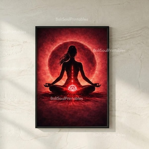 Könnte beinhalten: Ein gerahmter Wandkunstdruck mit der Silhouette einer Person in sitzender Meditationshaltung vor einem leuchtend roten kreisförmigen Hintergrund. Eine leuchtend weiße Lotusblume befindet sich an der Basis der Figur, mit einer vertikalen Lichtlinie.