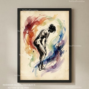 Può includere: Una stampa d'arte incorniciata che presenta la silhouette a inchiostro nero di una persona in posizione inclinata in avanti, circondata da un vibrante e vorticoso lavaggio ad acquerello nei toni del rosso, arancione, giallo, verde, blu e viola su sfondo beige.