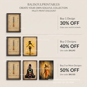 Pu&ograve; includere: Una collezione di stampe d'arte da parete incorniciate con grafici delle frequenze dei chakra e figure spirituali. Il testo BALISOULPRINTABLES &egrave; in alto, con offerte di sconto per l'acquisto di pi&ugrave; design sul lato destro dell'immagine.