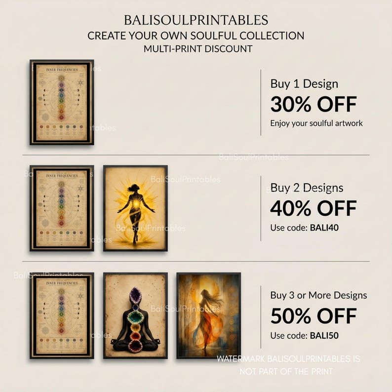 Pu&ograve; includere: Una collezione di stampe d'arte da parete incorniciate con grafici delle frequenze dei chakra e figure spirituali. Il testo BALISOULPRINTABLES &egrave; in alto, con offerte di sconto per l'acquisto di pi&ugrave; design sul lato destro dell'immagine.