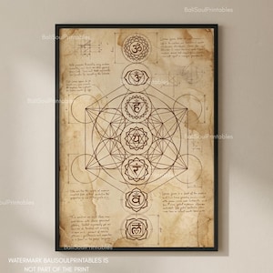 May include: A framed print featuring a detailed geometric design with chakra symbols and the Om symbol. The artwork is rendered in brown tones on a vintage-style paper background, with text and diagrams. The print is in a black frame.