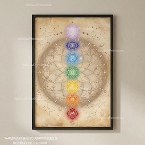May include: A framed wall art print featuring a vertical alignment of seven colored chakra symbols centered over a geometric flower of life pattern. The background displays a vintage parchment texture with faint celestial star charts and constellations.