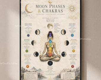 Stampa artistica da parete con fasi lunari e chakra, decorazione lunare spirituale, poster boho femminile per la guarigione dei chakra, opera d'arte per yoga e meditazione "Allinea la tua energia".