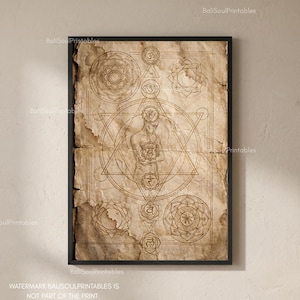 Puede incluir: Una impresión artística enmarcada sobre papel envejecido y texturizado que presenta una silueta humana central superpuesta con formas geométricas y siete símbolos de chakras. El diseño incluye mandalas intrincados y líneas finas.
