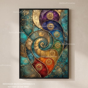 May include: A rectangular wall art print featuring a central golden spiral design set against a textured teal and blue background. Seven circular chakra symbols in various colors are arranged along the spiral, each containing a unique Sanskrit character.