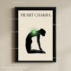 Könnte beinhalten: Schwarz gerahmter Kunstdruck mit dem Text "HEART CHAKRA" über einer schwarzen Yoga-Pose-Silhouette. Die Silhouette hat einen grünen Schein auf der Brust. Der Hintergrund ist hellbeige.