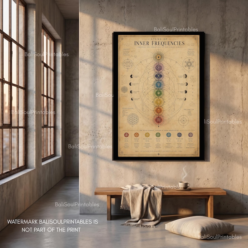 Pu&ograve; includere: Un poster da parete incorniciato intitolato Atlas of Inner Frequencies che presenta una disposizione verticale di sette simboli chakra colorati, motivi geometrici e testo su sfondo beige, esposto in una stanza con una panca in legno e un cuscino.