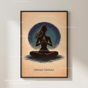 May include: A framed print featuring a silhouette of a person in a seated yoga pose with hands in prayer. The figure is set against a blue circle on a tan background. The words "THROAT CHAKRA" are printed at the bottom.