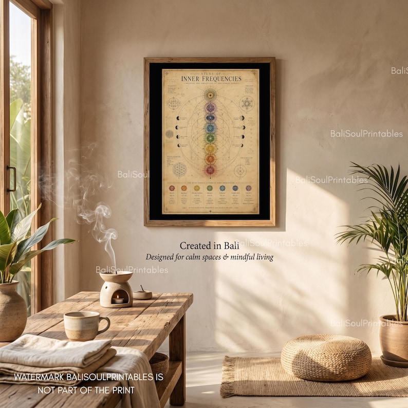Pu&ograve; includere: Una stampa artistica incorniciata intitolata Study of Inner Frequencies che presenta una disposizione verticale di sette simboli chakra colorati su sfondo beige con diagrammi geometrici, fasi celesti e testo sulle frequenze.