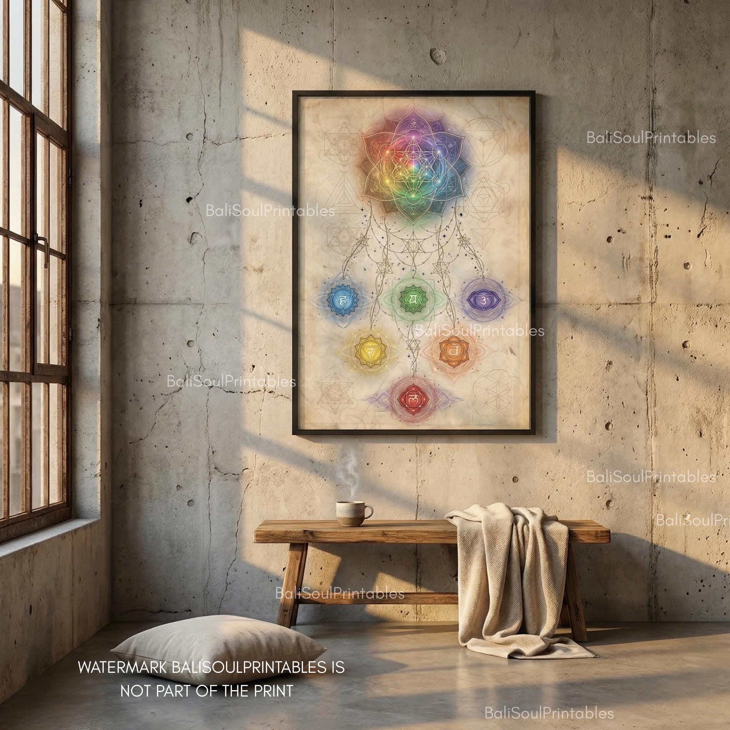 Sacred Geometry Chakra Poster, Metatron Cube & 7 Chakra Alignment Wall ...