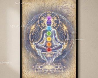 Quadro con geometria sacra e 7 chakra, poster di allineamento energetico, decorazione per il risveglio spirituale, stampa per meditazione e yoga, opera d'arte per la guarigione dell'aura.