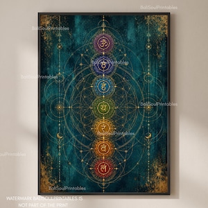 Op de afbeelding: Een verticale wandkunstprint met zeven gestapelde chakrasymbolen in hun traditionele kleuren, geplaatst op een donkergroenblauwe textuurachtergrond met ingewikkelde gouden geometrische lijnen, inclusief cirkels en hemelse motieven.