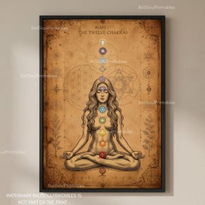 Peut inclure: Une impression d'art encadrée sur papier vieilli représentant une figure centrale en position de méditation assise. Le texte indique PLATE I THE TWELVE CHAKRAS. Douze symboles de chakras colorés sont alignés verticalement sur le corps.