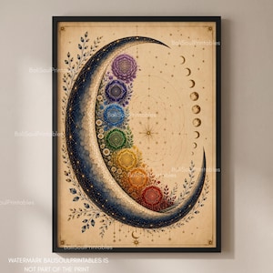 May include: A framed wall art print featuring a large crescent moon against a beige background. The moon is decorated with seven colorful circular chakra symbols, floral accents, and a geometric star chart. A series of moon phases appears on the right.