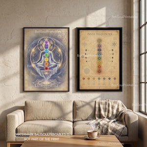 Pu&ograve; includere: Due stampe da parete incorniciate. La stampa a sinistra mostra una figura luminosa in posizione del loto con sette punti chakra colorati all'interno di un cerchio geometrico. La stampa a destra &egrave; un grafico beige intitolato Atlas of Inner Frequencies.