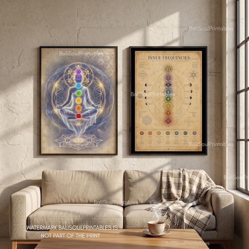 Pu&ograve; includere: Due stampe da parete incorniciate. La stampa a sinistra mostra una figura luminosa in posizione del loto con sette punti chakra colorati all'interno di un cerchio geometrico. La stampa a destra &egrave; un grafico beige intitolato Atlas of Inner Frequencies.