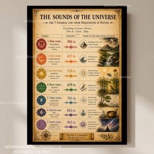 May include: A vertical poster titled The Sounds of the Universe, detailing the seven chakras with their corresponding frequencies in Hz, sound wave illustrations, and nature-themed imagery. The chart features a vintage-style beige background.