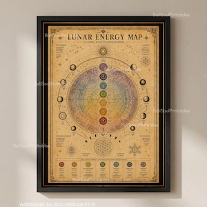 Könnte beinhalten: Ein gerahmtes Poster mit dem Titel Lunar Energy Map: A Cosmic Atlas of Consciousness. Der Druck zeigt ein zentrales kreisförmiges Diagramm mit sieben farbigen Chakrasymbolen, umgeben von Planetenikonen, geometrischen Mustern und Text auf beigem Hintergrund.