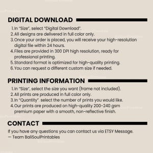 Pu&ograve; includere: Un grafico informativo beige con testo nero che dettaglia le istruzioni per il download digitale e la stampa. Descrive i passaggi per selezionare dimensioni, risoluzione dei file, qualit&agrave; della carta e metodi di contatto per BaliSoulPrintables.