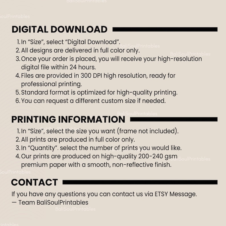 Pu&ograve; includere: Un grafico informativo beige con testo nero che dettaglia le istruzioni per il download digitale e la stampa. Descrive i passaggi per selezionare dimensioni, risoluzione dei file, qualit&agrave; della carta e metodi di contatto per BaliSoulPrintables.