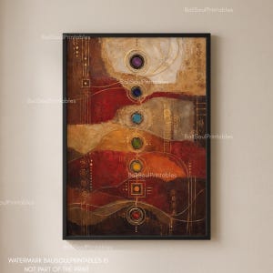 May include: A vertical rectangular wall art print in a black frame featuring an abstract composition with seven circular and square symbols arranged in a central column, coloured in purple, blue, light blue, green, yellow, orange, and red.