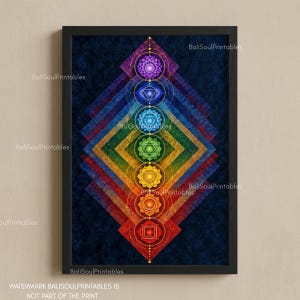 May include: A framed vertical wall art print featuring seven stacked chakra symbols arranged in a diamond pattern. Each symbol displays a distinct colour including purple, blue, light blue, green, yellow, orange, and red against a dark blue background.