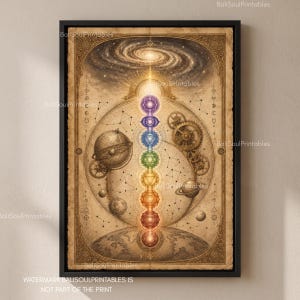 Op de afbeelding: Een ingelijste verticale wandkunstprint met een centrale verticale uitlijning van zeven gekleurde chakrasymbolen tegen een vintage perkamenten achtergrond. Het ontwerp bevat hemelse elementen zoals een sterrenstelsel, planeten, sterrenbeelden en mechanische tandwielen.