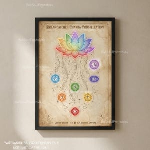 Puede incluir: Impresión enmarcada que presenta un diseño de constelación de chakras de atrapasueños. La obra de arte muestra una flor de loto colorida, siete símbolos de chakras y el texto "DREAMCATCHER CHAKRA CONSTELLATION". La impresión tiene un aspecto vintage.