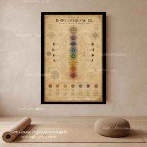 Pu&ograve; includere: Una stampa artistica da parete incorniciata intitolata Atlas of Inner Frequencies, che presenta una disposizione verticale di sette simboli chakra colorati su uno sfondo di pergamena vintage, circondati da diagrammi geometrici e testo.