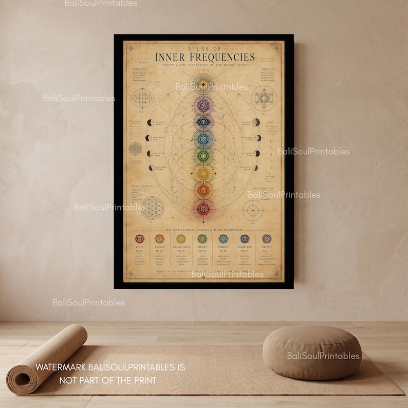Pu&ograve; includere: Una stampa artistica da parete incorniciata intitolata Atlas of Inner Frequencies, che presenta una disposizione verticale di sette simboli chakra colorati su uno sfondo di pergamena vintage, circondati da diagrammi geometrici e testo.