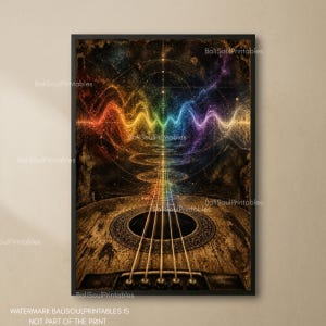 May include: A framed wall art print featuring a close-up of an acoustic guitar body with strings extending upwards into a vibrant, multicoloured sound wave pattern set against a dark, textured cosmic background with scattered light particles.