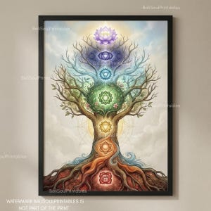 May include: A framed print depicting a tree with chakra symbols. The tree features a brown trunk and roots, with green branches and leaves. The chakras are represented by colours such as purple, blue, green, yellow, orange, and red.
