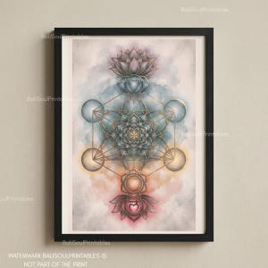 May include: Framed art print featuring a geometric design with a lotus flower and chakra symbols. The artwork has a watercolor background with blue, pink, and yellow hues. The print is in a black frame and includes the text "BaliSoulPrintables".