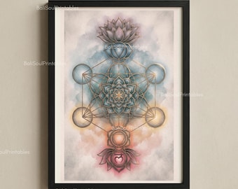 Arte murale con geometria sacra di Metatron e chakra, poster con allineamento energetico del cubo di Metatron, opera d'arte spirituale mandala e decorazione esoterica per lo yoga e la guarigione.