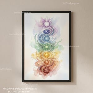 May include: A framed watercolour print depicting the seven chakras. The artwork shows a vertical arrangement of swirling, abstract shapes in various colours, including purple, blue, green, yellow, and red. The print is framed in a black frame.