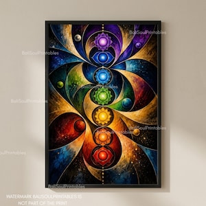 Op de afbeelding: Een verticale rechthoekige muurkunstprint in een zwarte lijst met een centrale kolom van zeven gekleurde chakra-symbolen die verticaal zijn gerangschikt. Het kunstwerk toont wervelende kosmische patronen in tinten paars, blauw, groen, geel, oranje en rood.